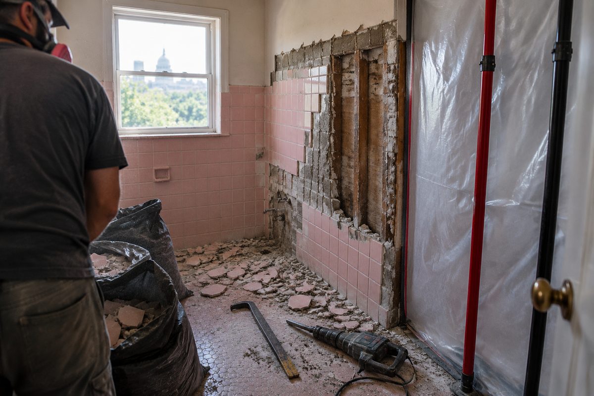 Bathroom mid-demolition with wall tile half removed and plastic sealing the doorway