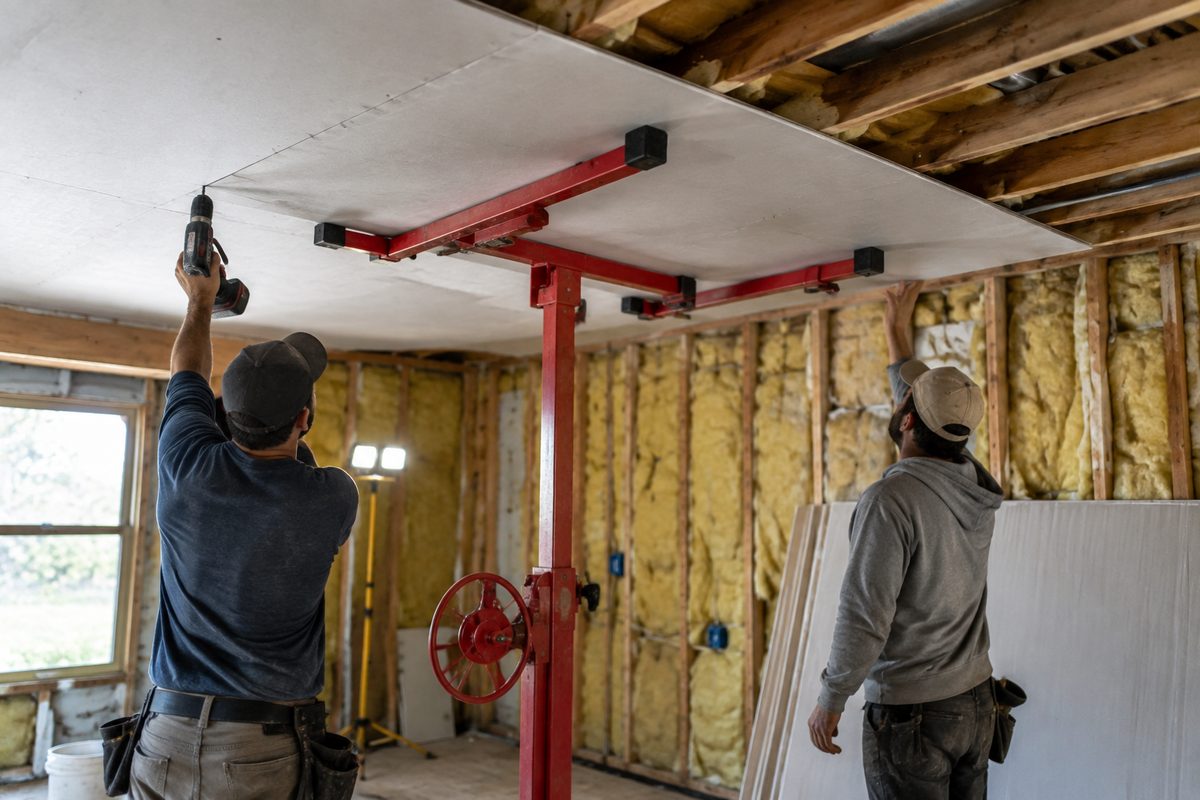 Two crew members fixing a drywall sheet to the ceiling on a panel lift