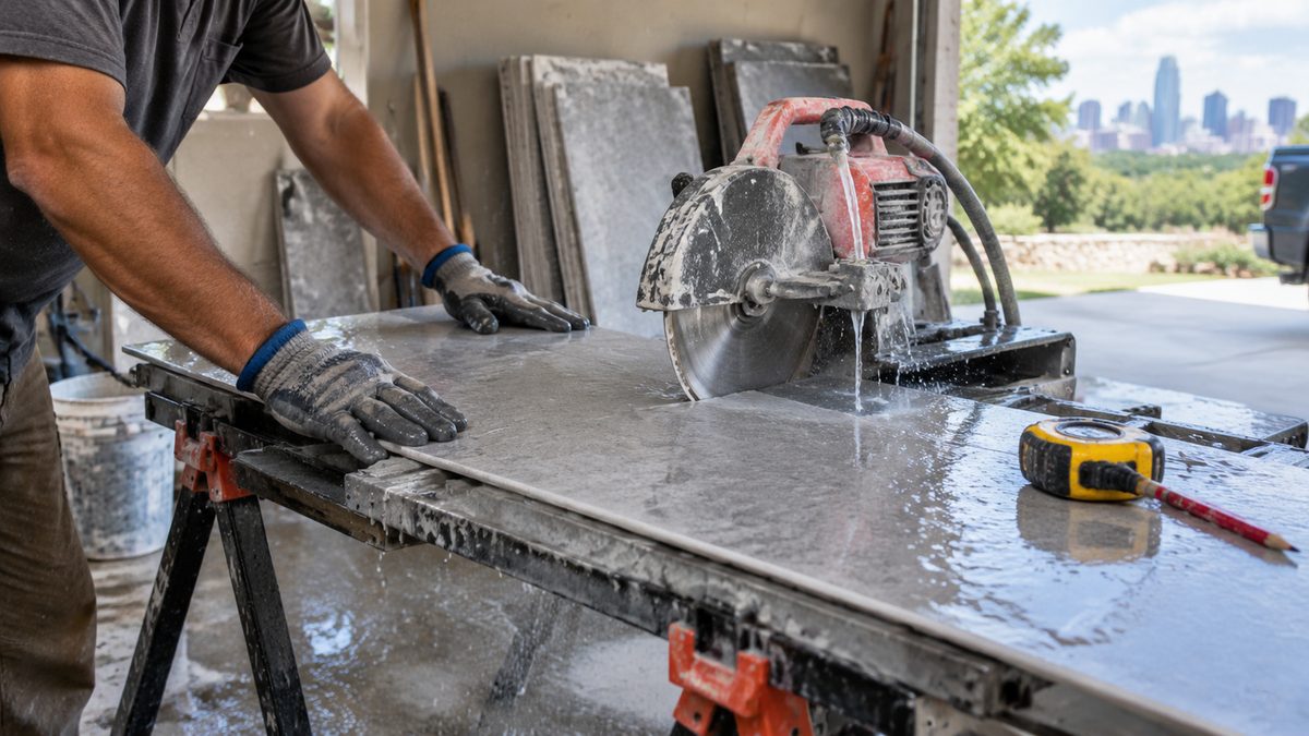 Porcelain floor tile being cut on a wet saw in a garage set up as a cutting station